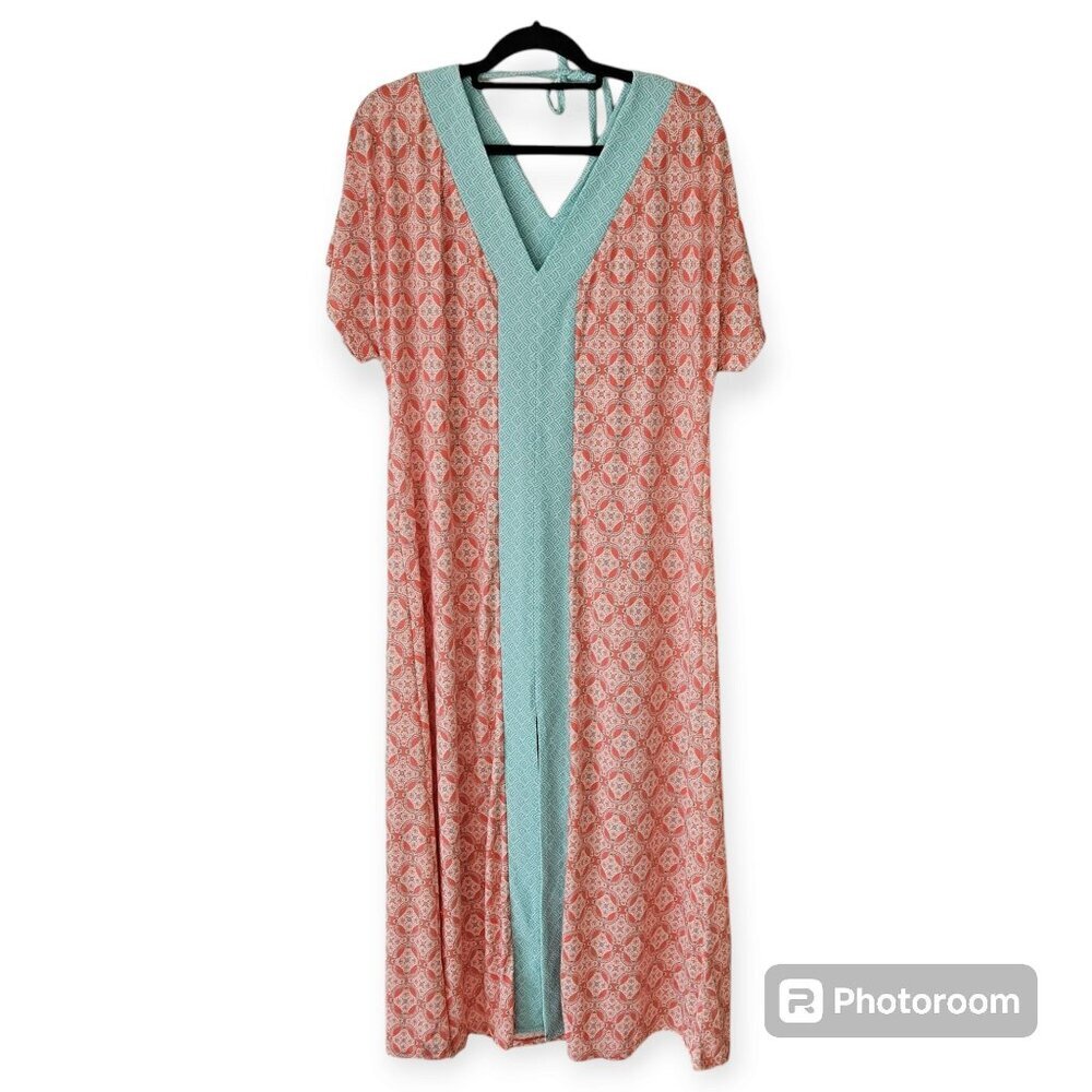 Cabana Life Multicolor Batik print Neck short sleeve mumu swim coverup size larg